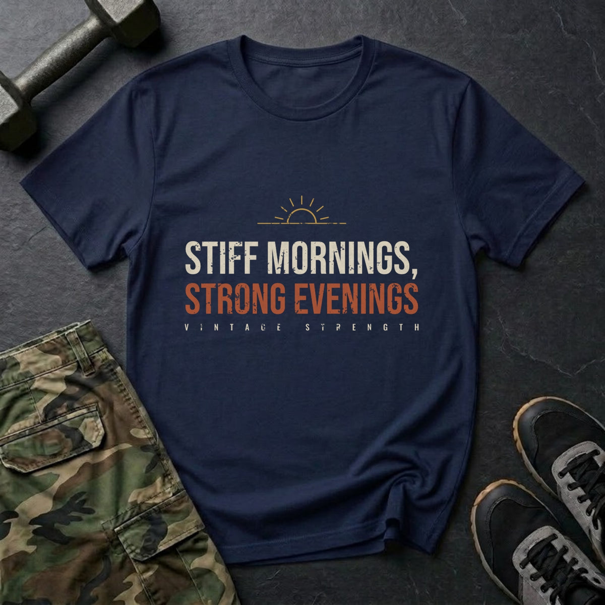 Stiff Mornings, Strong Evenings T-Shirt in Navy