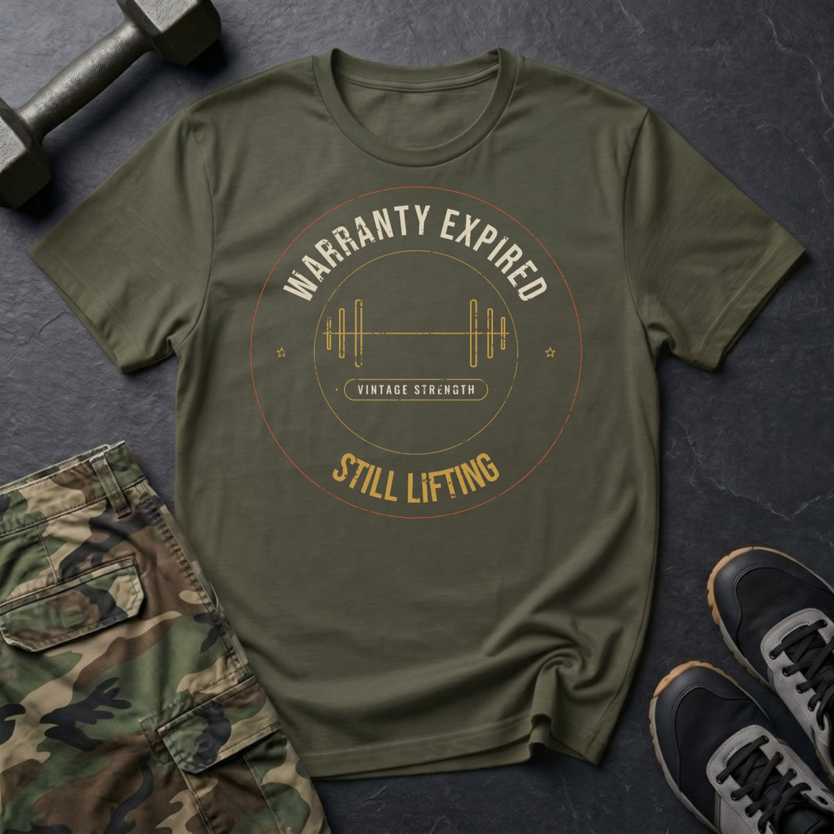 Warranty Expired, Still Lifting T-Shirt in Military Green