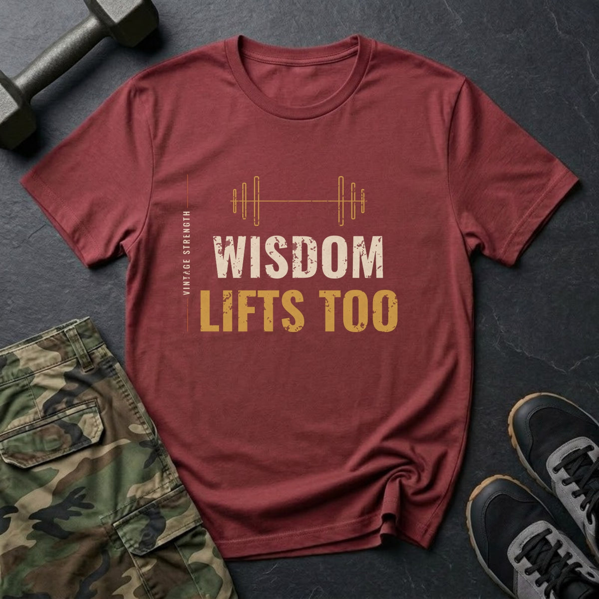 Wisdom Lifts Too T-Shirt in Heather Cardinal